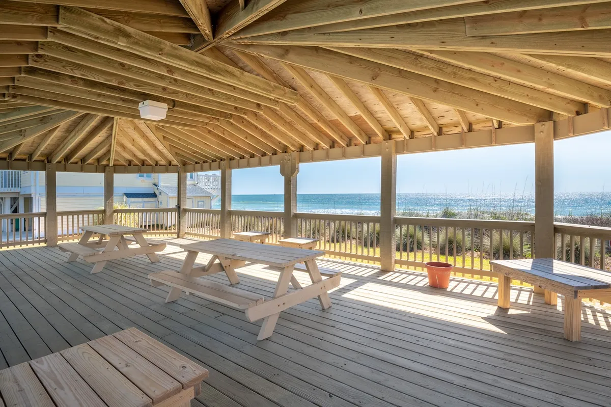 A set of wooden picnic tables under a covered structure with open views of the ocean. The space is designed for outdoor family gatherings, picnics, or group meals, with the ocean and sky forming a beautiful backdrop.